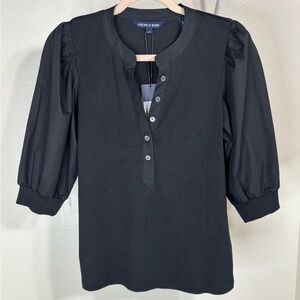 Veronica Beard Black Button-Down Puff Sleeve Top